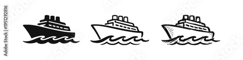 Marine Vessel Icons Set. Essential symbols for sea travel and water transportation, featuring solid, outline, and hand-drawn boat designs.