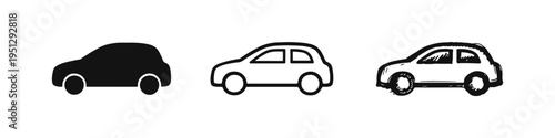 Automobile Icons Set. Stylized car symbols representing road travel and transport, available in solid, line, and artistic hand-drawn variations.
