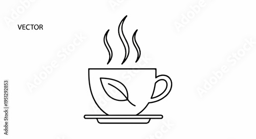Steaming hot tea cup with leaf design on a saucer simple line art illustration for coffee shop menu or beverage branding
