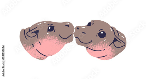 Cute portrait of kissing pygmy hippopotamus. Funny couple of happy hippos loving each other. Heads of adorable animals in romantic relationships. Flat isolated vector illustration on white background