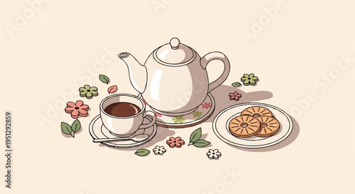 Vintage still life with teapot cup of coffee plate of cookies and floral decorations on a beige background
