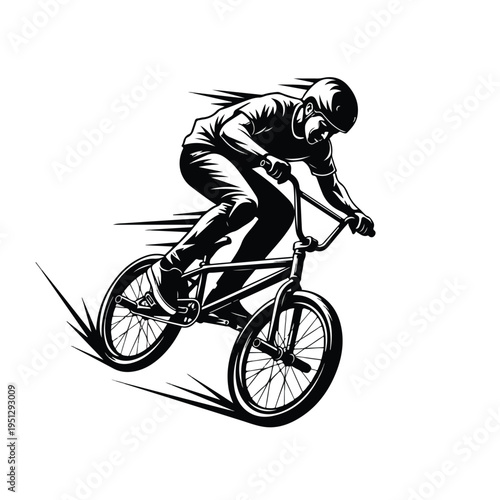 A bmx rider in motion with a dynamic illustration style and bold black lines on a white background conveying speed