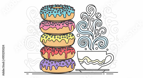Stacked donuts with colorful icing next to steaming cup of coffee or tea on a table