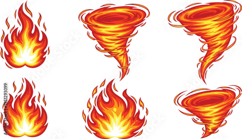 Vector illustration of fire flames and fire tornadoes in vibrant colors for natural phenomena and artistic artwork