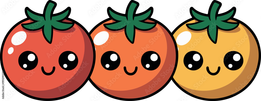 Fototapeta premium Cute Tomato Cartoon Characters Set Smiling Vegetable Icons Colorful Kawaii Food Mascot Flat Vector Illustration Design Collection