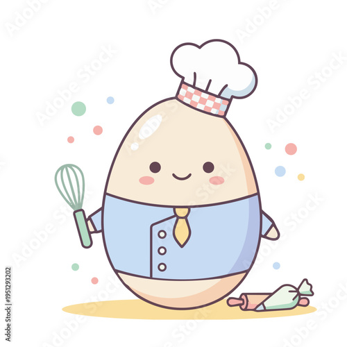 Cute Chef Egg Character. Bakery Cooking Cartoon Easter Egg Vector Illustration