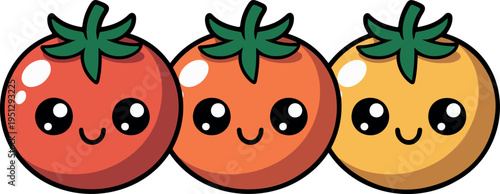Cute Tomato Cartoon Characters Set Smiling Vegetable Icons Colorful Kawaii Food Mascot Flat Vector Illustration Design Collection