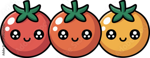 Cute Tomato Cartoon Characters Set Smiling Vegetable Icons Colorful Kawaii Food Mascot Flat Vector Illustration Design Collection
