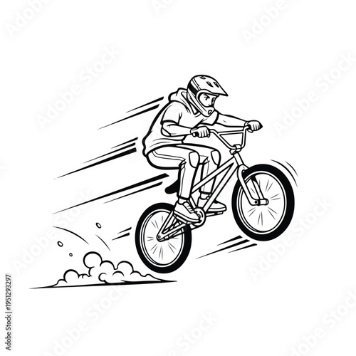 A skilled bmx rider performs a jump with motion lines and dust in a dynamic illustration