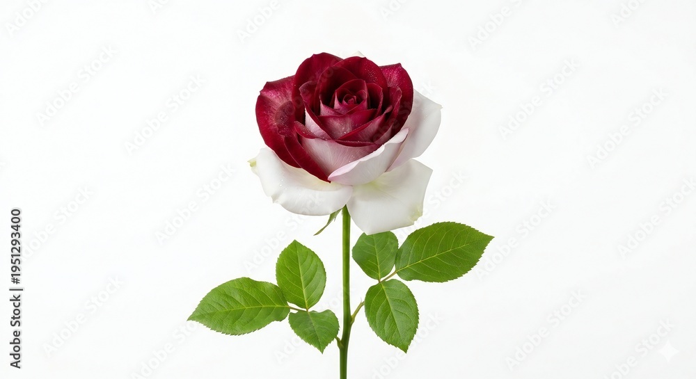 Fototapeta premium Beautiful bi-colored rose with burgundy red and white petals on green stem, isolated on white background. Perfect for romantic, wedding, Valentine's Day, and floral design concepts.