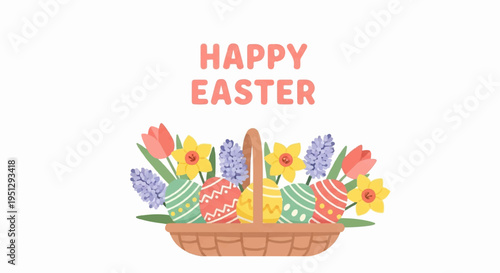 Colorful easter basket with flowers and eggs on white background happy easter greeting