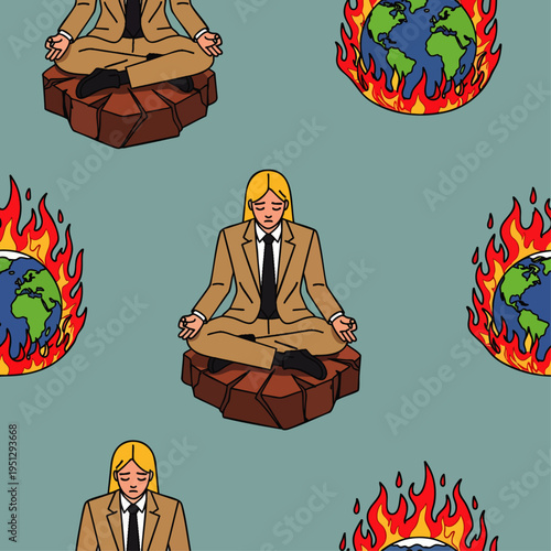 Business person meditating calmly amidst burning Earths, a seamless pattern symbolizing mindfulness, resilience, and finding peace in global environmental chaos.