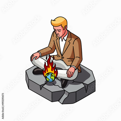 Man contemplating a burning Earth, an isometric illustration symbolizing global warming, climate crisis, and environmental destruction. Urgent call for action.