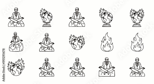 Meditating figures, burning earth, and flame line art icon set. Concepts of inner peace, global warming, environmental protection, and spiritual awakening.