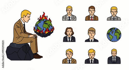 Businessman contemplating burning Earth, symbol of global warming, climate crisis, and environmental despair. Vector illustration with diverse avatar icons.