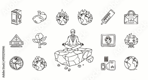 Global Environmental Crisis & Climate Change Vector Icons Set. Hand-drawn illustrations of sustainability, pollution, human impact, and mindfulness on Earth.