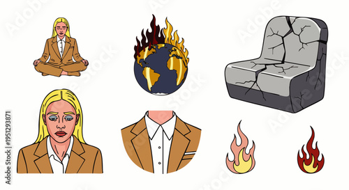 Vector illustration set depicting corporate stress, mental health challenges, and environmental concerns like global warming with a burning Earth and cracked seat.