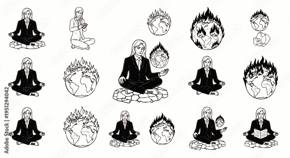 Obraz premium Meditating businesswoman with burning Earths, representing global environmental stress, climate change anxiety, and the pursuit of inner peace.