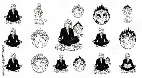 Meditating businesswoman with burning Earths, representing global environmental stress, climate change anxiety, and the pursuit of inner peace.