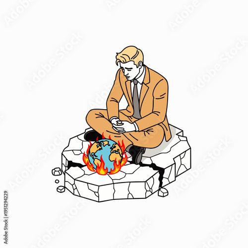 Concerned businessman on a melting ice floe observes the Earth engulfed in flames, illustrating the urgent global warming and climate change crisis.