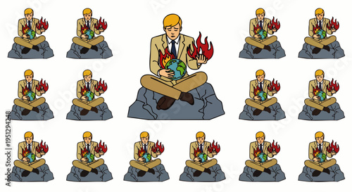 Businessman in suit sitting cross-legged on a rock, holding a burning globe, symbolizing global warming and environmental crisis.