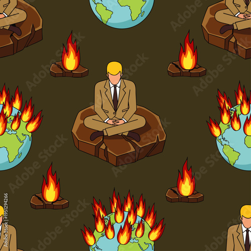 Seamless pattern: Businessman meditating on cracked rock as Earth burns, symbolizing corporate indifference to climate change and environmental destruction.