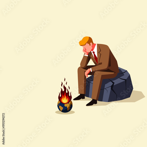 Businessman deeply contemplating the burning Earth, symbolizing the urgent global warming crisis and environmental despair. Climate change impact and future concerns.