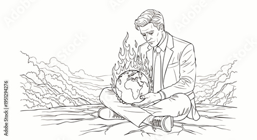 Businessman in despair holds a burning Earth over cracked, dry ground, symbolizing global warming, climate change, and environmental crisis.