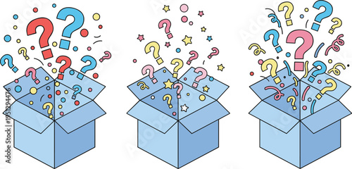 Cartoon curiosity box illustration with colorful question marks and decorative elements for mystery and creative design