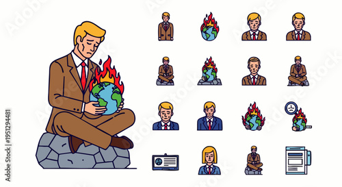 Political figure contemplating global warming crisis, holding a burning Earth, symbolizing environmental destruction and urgent climate action needed.