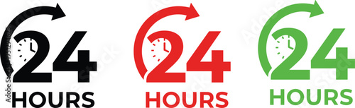 Cartoon 24 hours service illustration with clock, arrow, and continuous availability design in black, red, and green
