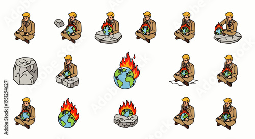Isometric pixel art illustrations: person meditating with a burning Earth globe, symbolizing climate change, environmental crisis, and global warming.