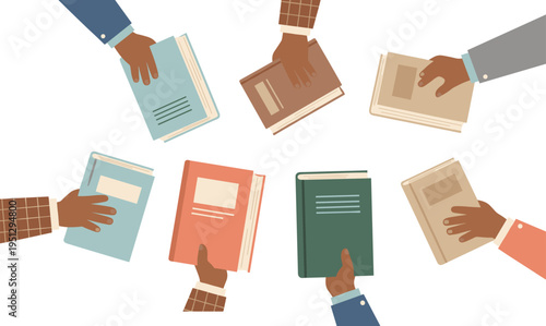Cartoon community education illustration with diverse hands holding colorful books for learning and knowledge sharing