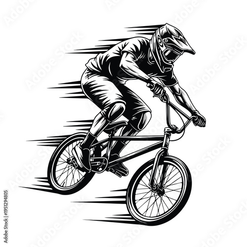 A black and white illustration of a bmx rider in motion, wearing protective gear, against a clean white background with motion lines