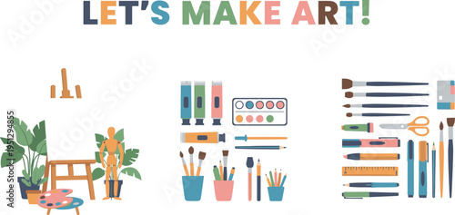 Cartoon creative art studio illustration with colorful supplies and inspirational text for education and design projects
