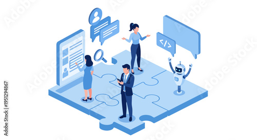 Three professionals and a friendly robot stand together on interlocking blue puzzle pieces while interacting with floating digital documents, communication bubbles, and coding icons in a shared space