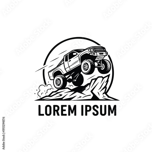 A 4x4 off-road truck logo features a rugged vehicle in motion on rocky terrain with a circular background and 'LOREM IPSUM' text