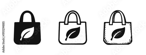 Eco friendly reusable shopping bag with leaf icon set, promoting sustainability and zero waste.