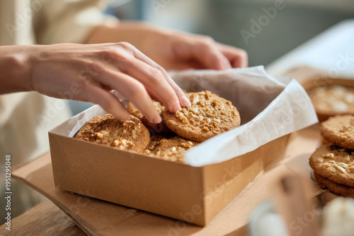 Wallpaper Mural close-up of hands placing cookies into paper box for customer, detailed crumbs and icing texture, shallow depth of field, daylight, Torontodigital.ca