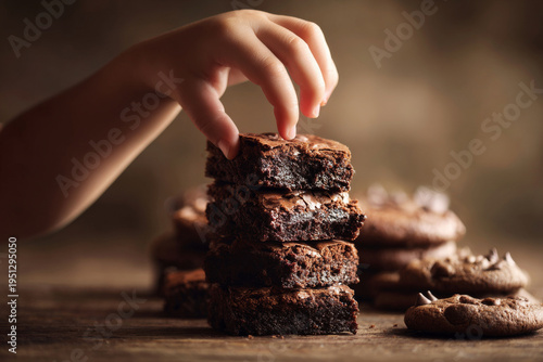 Wallpaper Mural close-up of stacked brownies and cookies with child reaching to pick one, shallow depth of field, realistic skin tones, Torontodigital.ca