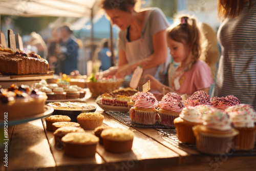 Wallpaper Mural medium shot of family browsing a bake sale stand at a weekend market, wooden table filled with pies and cupcakes, relaxed atmosphere, sunny morning light, Torontodigital.ca