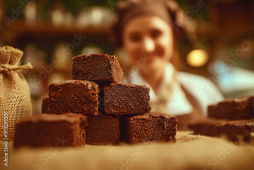 Wallpaper Mural close up of neatly arranged brownies and a smiling seller in soft focus behind, warm natural light, detailed chocolate texture, Torontodigital.ca