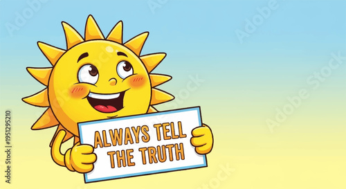 Smiling cartoon sun holding sign with honesty message on colorful background