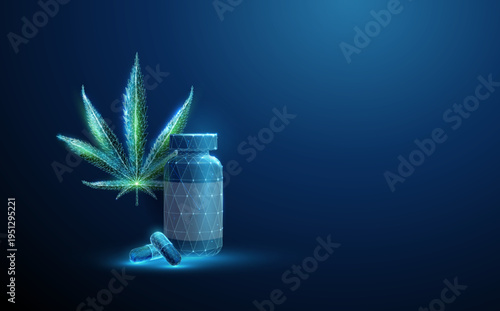 3d blue medicine bottle with capsules and cannabis leaf. Medical cannabis, CBD supplements, natural therapy, alternative medicine, herbal pharmaceuticals concept. Futuristic digital style. Vector.