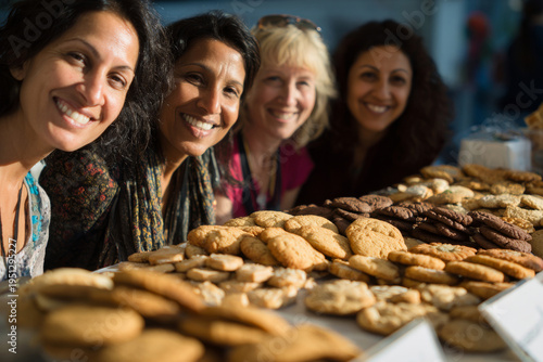 Wallpaper Mural medium shot of diverse group of women behind table full of assorted cookies at charity bake sale, friendly smiles, natural lighting, community atmosphere, Torontodigital.ca
