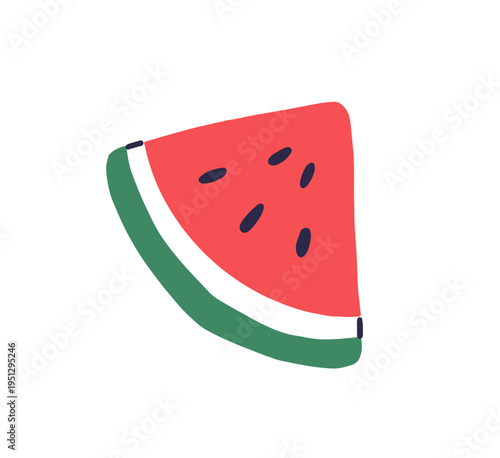 Triangle piece of fresh watermelon icon. Doodle slice of tropical fruit with red pulp and stones. Organic and natural sweet food. Exotic eating. Flat isolated vector illustration on white background