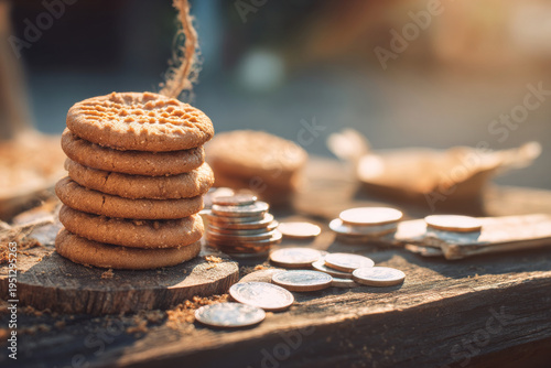 Wallpaper Mural close-up of peanut butter cookies on rustic wooden stand with buyer counting coins nearby, selective focus, warm sunlight, Torontodigital.ca