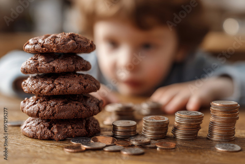 Wallpaper Mural close-up of homemade chocolate cookies with child counting coins beside them, detailed texture, soft bokeh, Torontodigital.ca