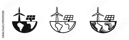 Sustainable Renewable Energy Icons: Earth with Wind Turbine and Solar Panels in Hand-Drawn Styles
