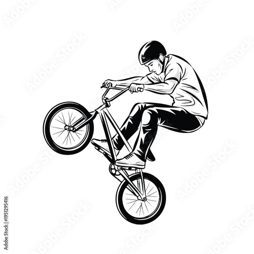 A young bmx rider performs an aerial stunt on a bike with a monochromatic illustration style on a white background